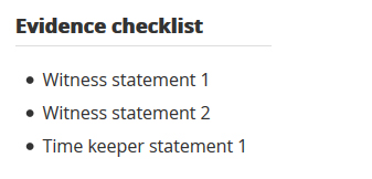 Evidence checklist Evidence checklist